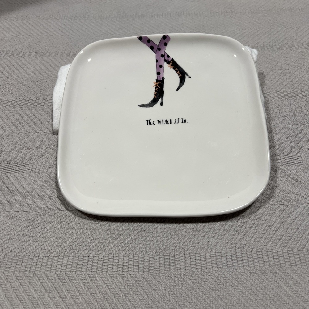RAE DUNN 8"  White Ceramic Square Halloween Plate The Witch Is In Legs Magenta